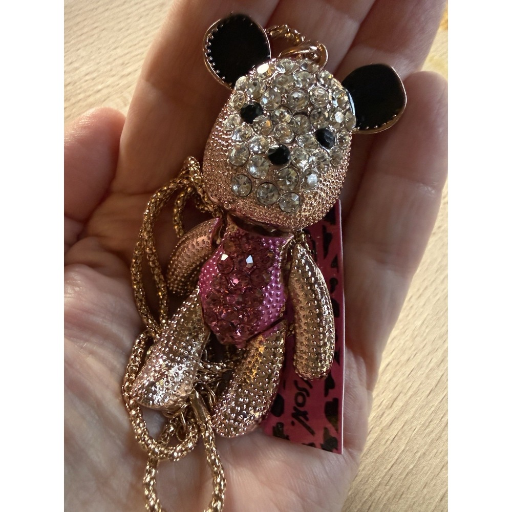 Betsey Johnson Pink Rhinestone Bear Necklace New W/Tags Moves Mcbling Keeley FUN